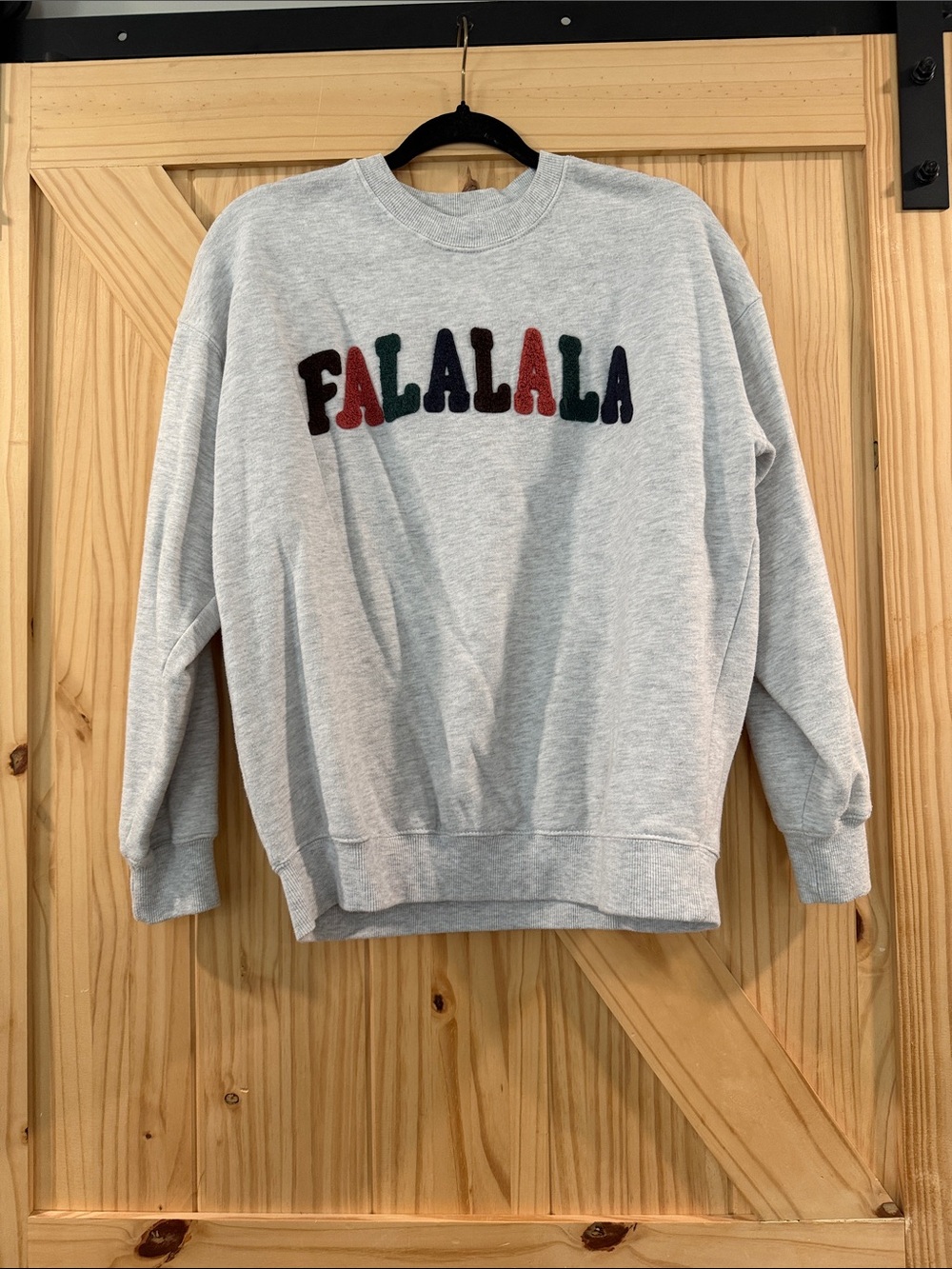 Gray Crewneck Sweater with Multicolor 'FALALALA' Chenille Applique
